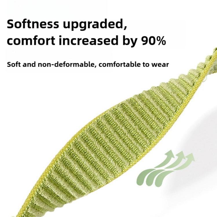 Lime green woven nylon watch band close-up, showing its ribbed texture and flexible shape.