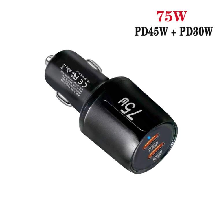 Black dual-port USB-C car charger with indicator light and 75W label