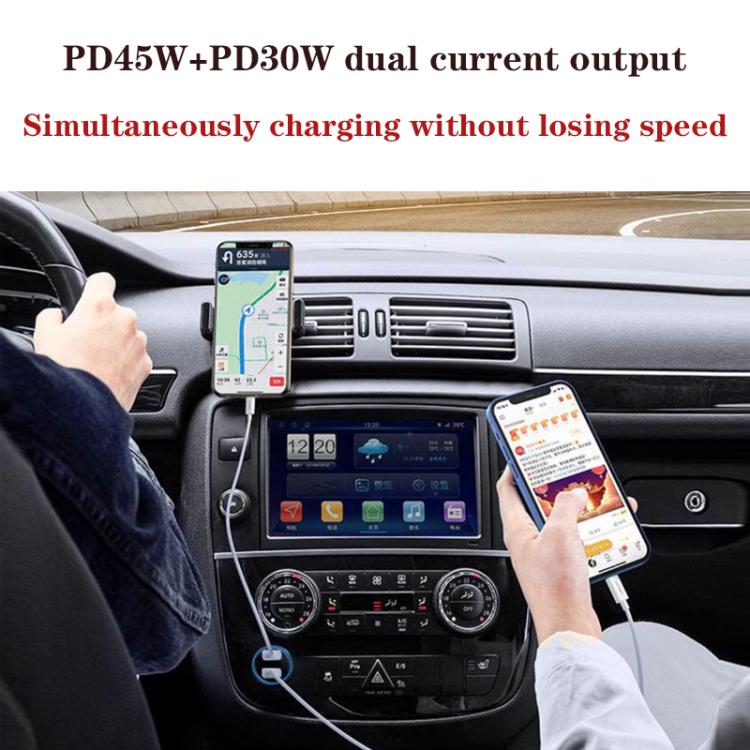 Dual USB-C car charger powering phones inside the vehicle dashboard area
