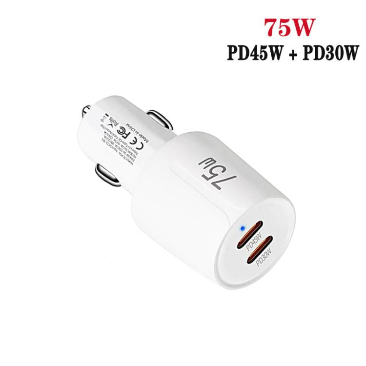 White 75W dual-port car charger with Type-C ports and indicator light