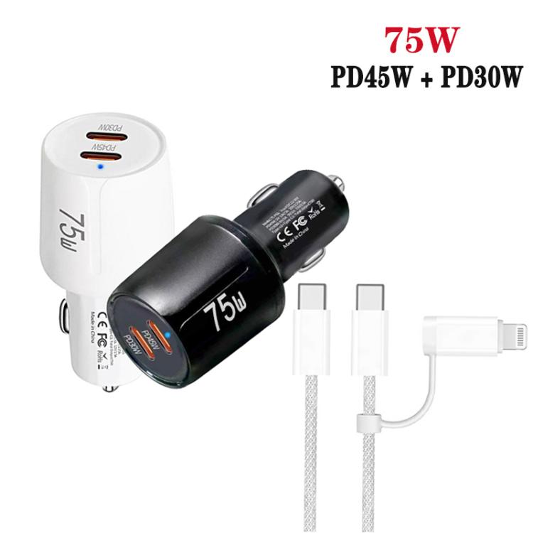 White and black 75W dual-port car chargers with braided cables and adapters