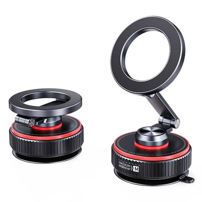 Black car suction cup phone holder with round magnetic mount and folding base