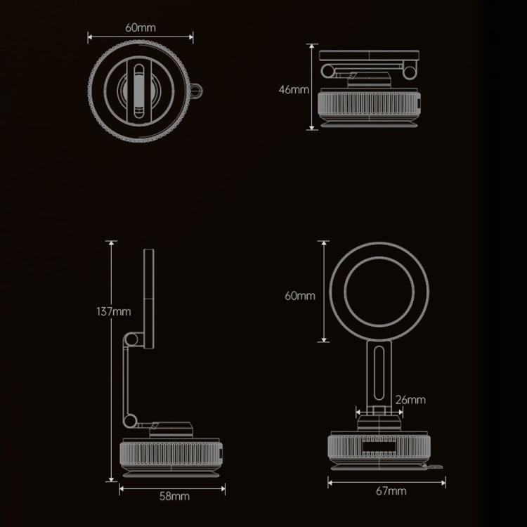 Car suction cup phone holder size diagram with circular mount and base