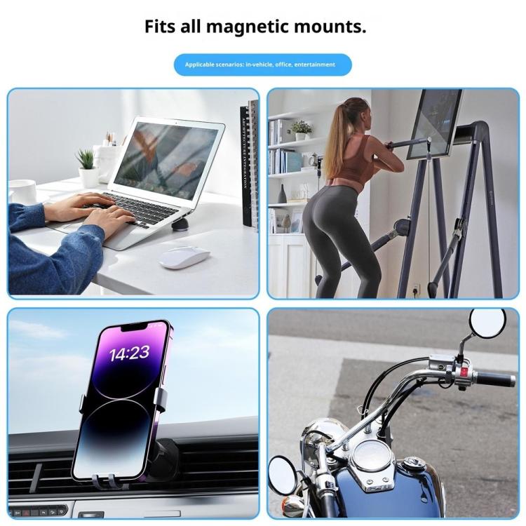 Magnetic phone holder used on desk and in car vent with adjustable cradle
