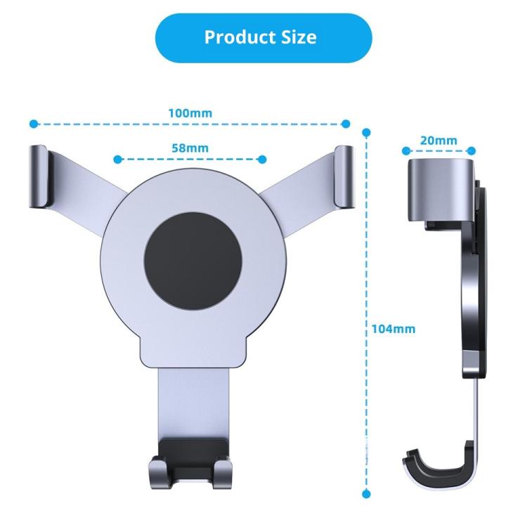 Aluminum magnetic phone holder size diagram with silver base and black cradle