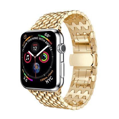 Gold stainless steel Apple Watch wrist strap with dragon-grain metal links