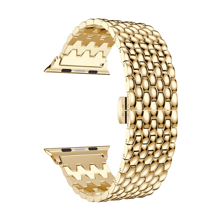 Gold stainless steel Apple Watch wrist strap with dragon-grain link pattern