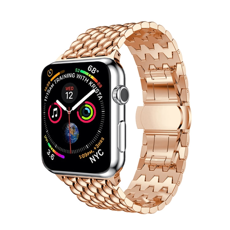 Rose gold stainless steel Apple Watch wrist strap with dragon-grain metal links