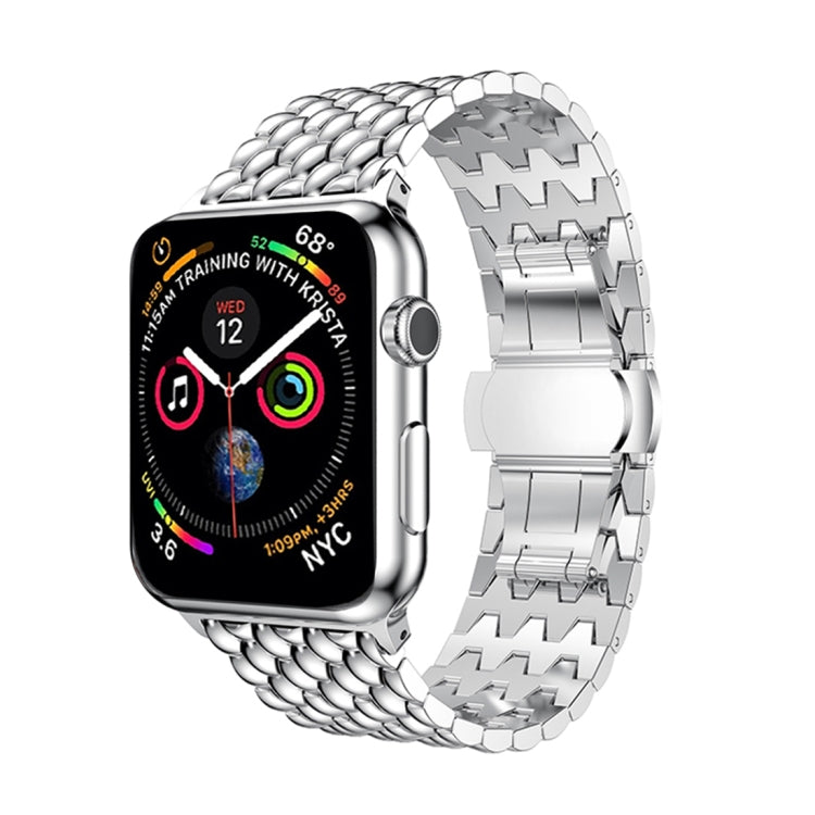 Silver stainless steel Apple Watch wrist strap with dragon-grain metal links