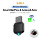 Black wireless 2-in-1 CarPlay and Android Auto adapter box with USB connector