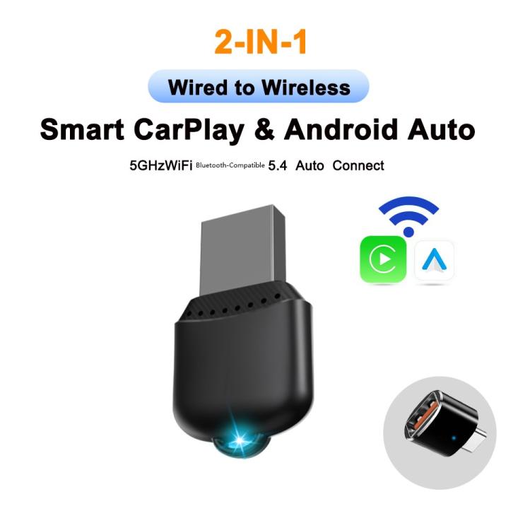 Black wireless 2-in-1 CarPlay and Android Auto adapter box with USB connector