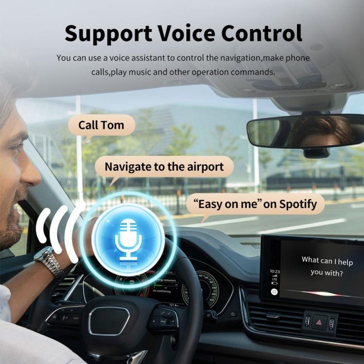 Car dashboard view with hands-free voice control enabled by wireless adapter box