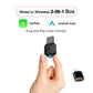 Black wired-to-wireless 2-in-1 box adapter with USB connector, held by hand