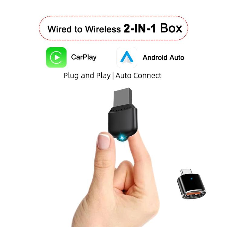 Black wired-to-wireless 2-in-1 box adapter with USB connector, held by hand