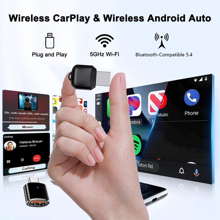 Black wireless 2-in-1 adapter dongle held in hand over car display screens