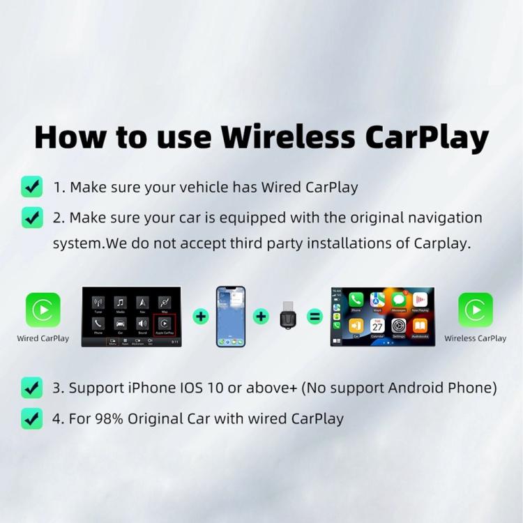 Wireless CarPlay adapter setup guide layout with a small black dongle icon