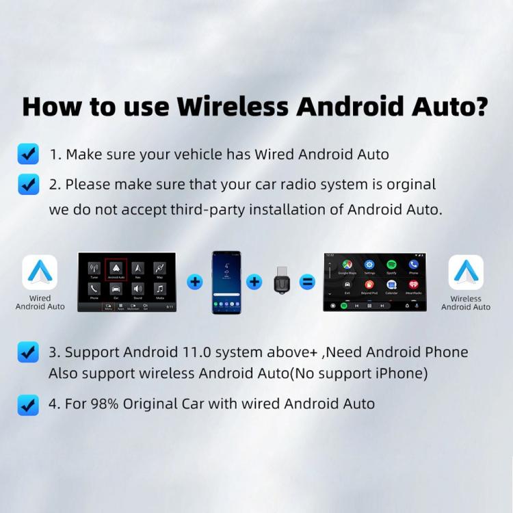 Wireless Android Auto setup guide layout with a small black dongle icon