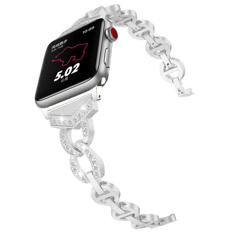 Silver 8-shaped diamond-studded stainless steel link watch strap with clasp