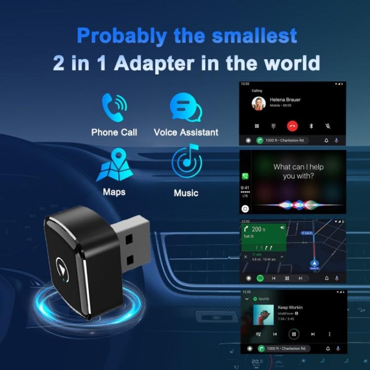 Black WiFi Bluetooth car adapter USB dongle with blue light indicator