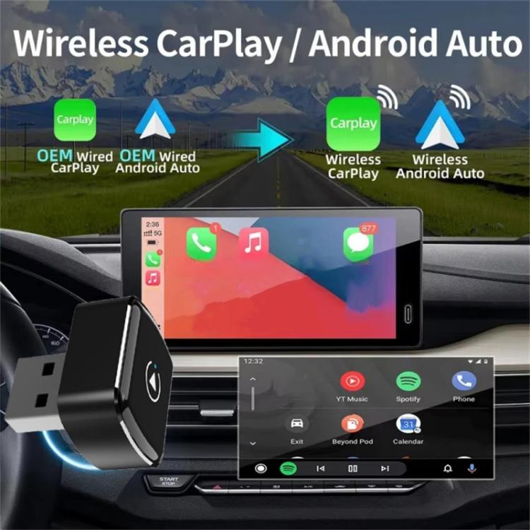 Black WiFi Bluetooth car adapter USB dongle shown near dashboard vent