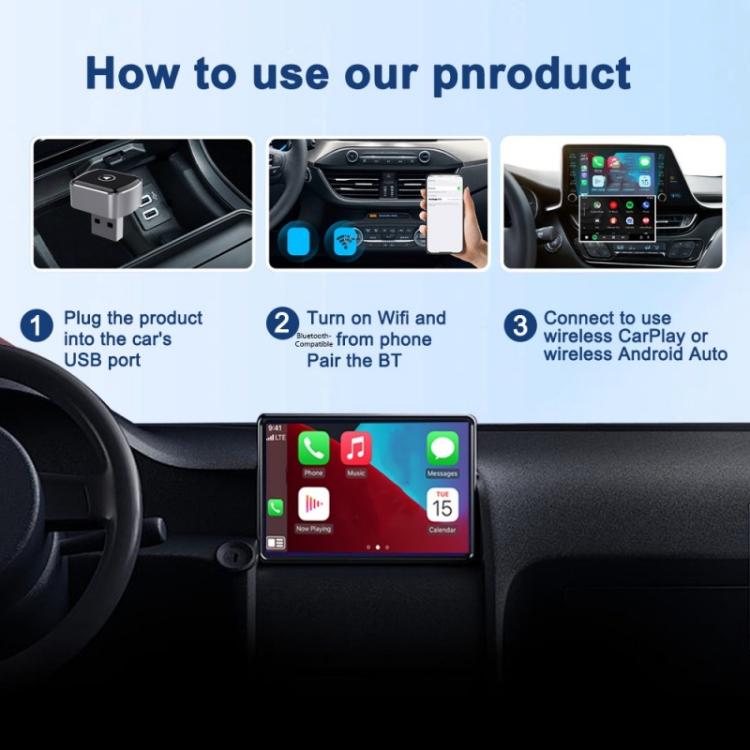 Black WiFi Bluetooth USB dongle with car infotainment system in background