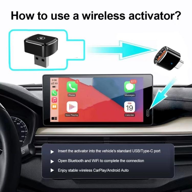 Black WiFi Bluetooth USB dongle connected to car screen setup