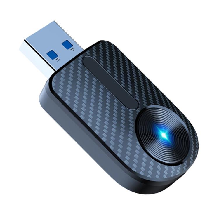 2-in-1 car wireless adapter with dual USB plugs, blue LED ring, carbon-fiber finish