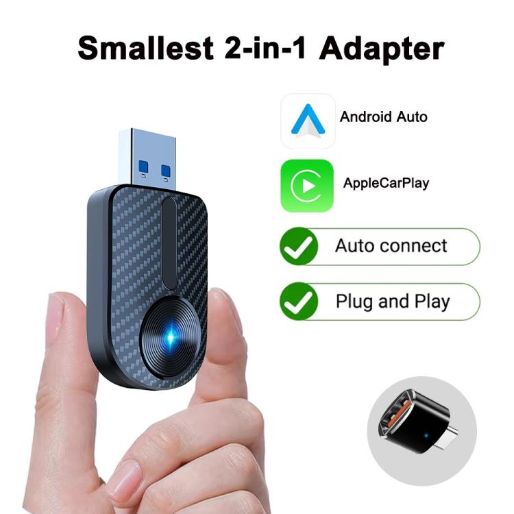 2-in-1 car wireless adapter held in hand, carbon-fiber case and blue LED ring