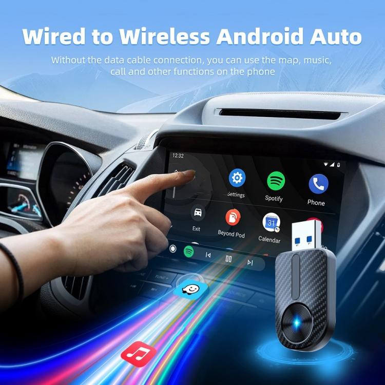 Car wireless adapter with blue LED ring, carbon-fiber housing near dashboard