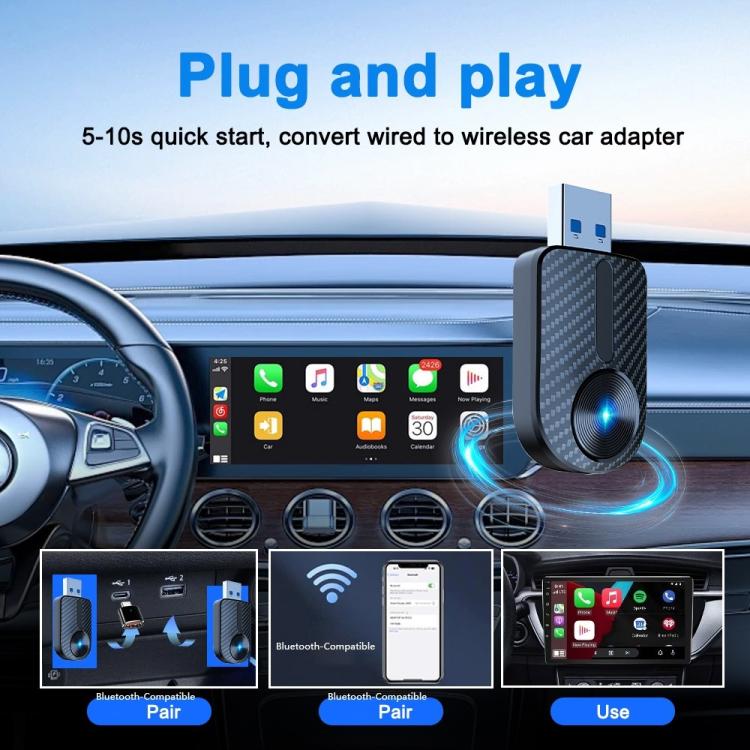 Car wireless adapter with blue LED ring and carbon-fiber body, USB plug connected