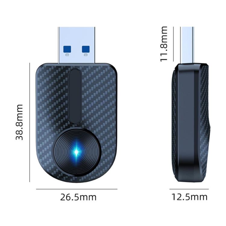 Compact 2-in-1 car adapter dimensions, carbon-fiber case with blue LED ring