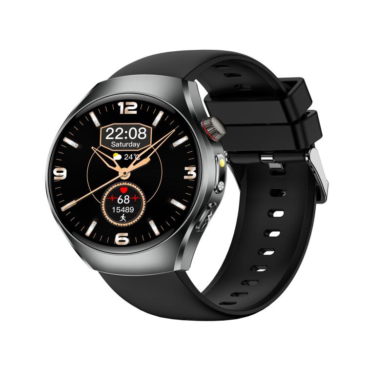 ET460 smart watch with black silicone strap, silver case, and analog-style digital face