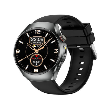 ET460 smart watch with black silicone strap, silver case, and analog-style digital face
