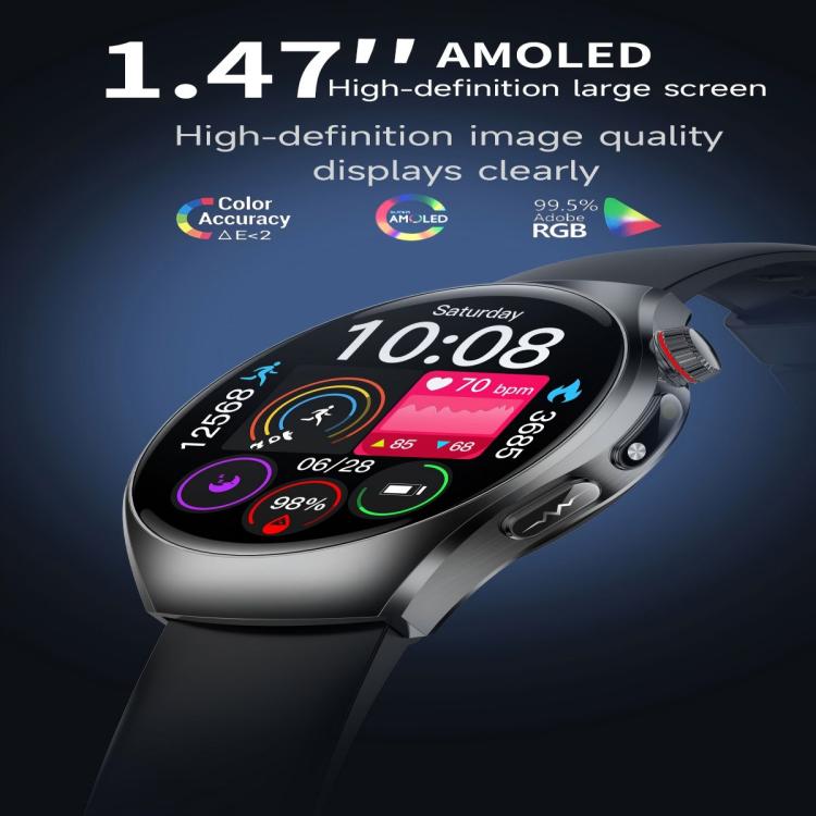 ET460 smart watch angled to show its large color screen and side controls