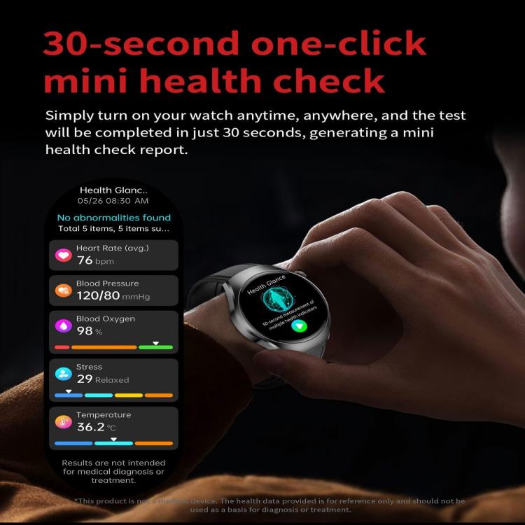 ET460 smart watch health-check graphic showing the watch and a health metrics report