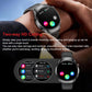 Round silver smartwatch with black band, call controls on screen and metal link strap shown.