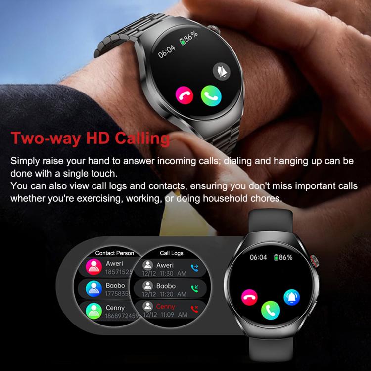Round silver smartwatch with black band, call controls on screen and metal link strap shown.