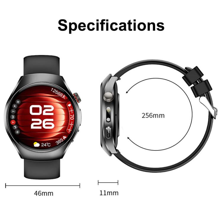 Black-strapped round smartwatch shown front and side, with 46 mm case and 11 mm thickness.