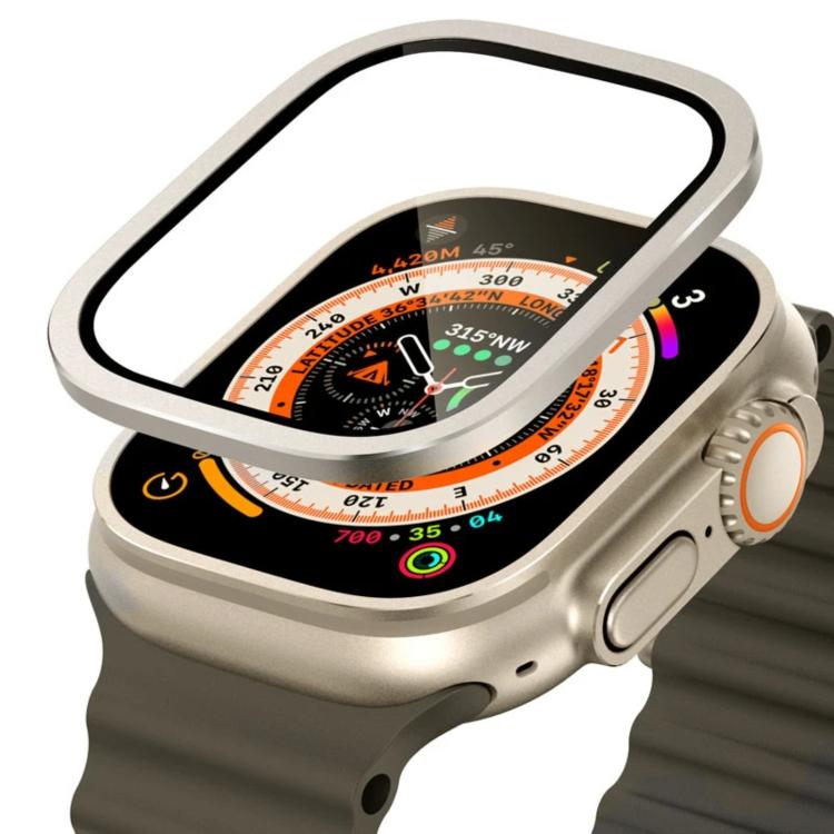 Silver metal frame watch screen protector with tempered glass for Apple Watch Ultra