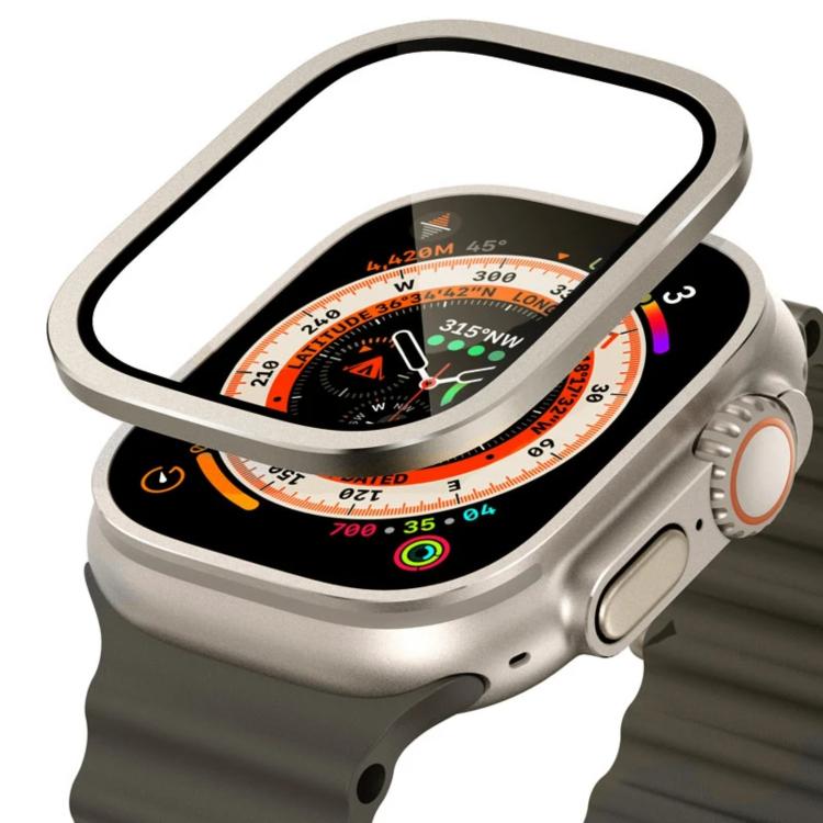 Titanium-tone metal frame and tempered glass watch screen protector