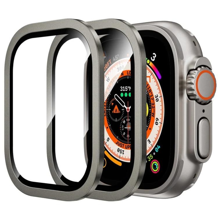 Exploded view of a metal frame and tempered glass watch screen protector