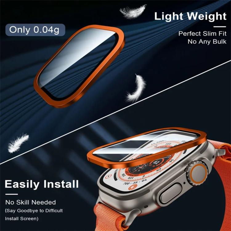 Orange metal-frame tempered glass watch screen protector shown beside a watch