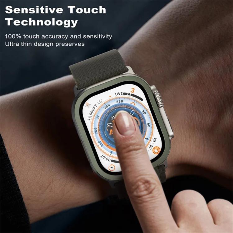 Metal-frame tempered glass watch screen protector fitted around a watch face