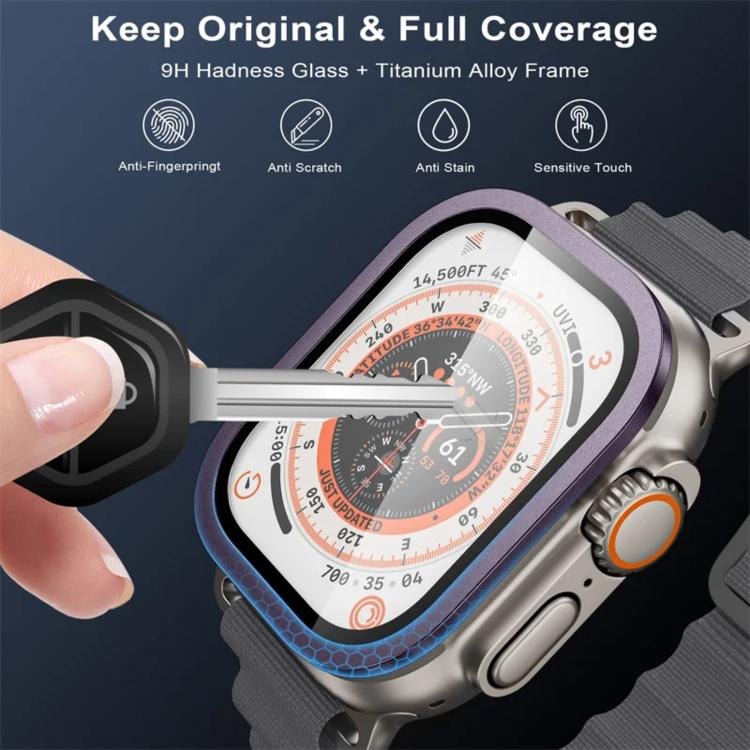 Blue-purple metal-frame tempered glass watch screen protector fitted on a watch