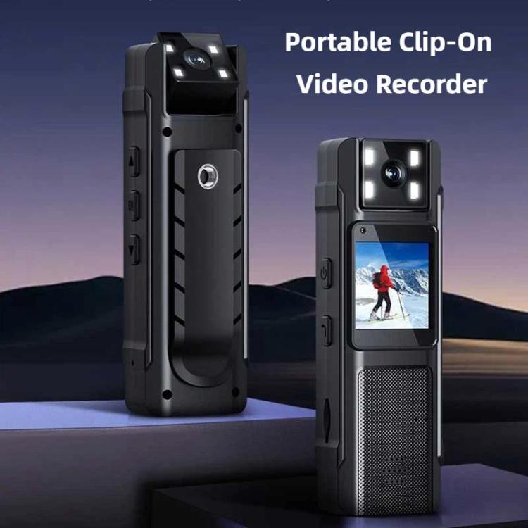 Clip-on video recorder body camera shown in front and side views