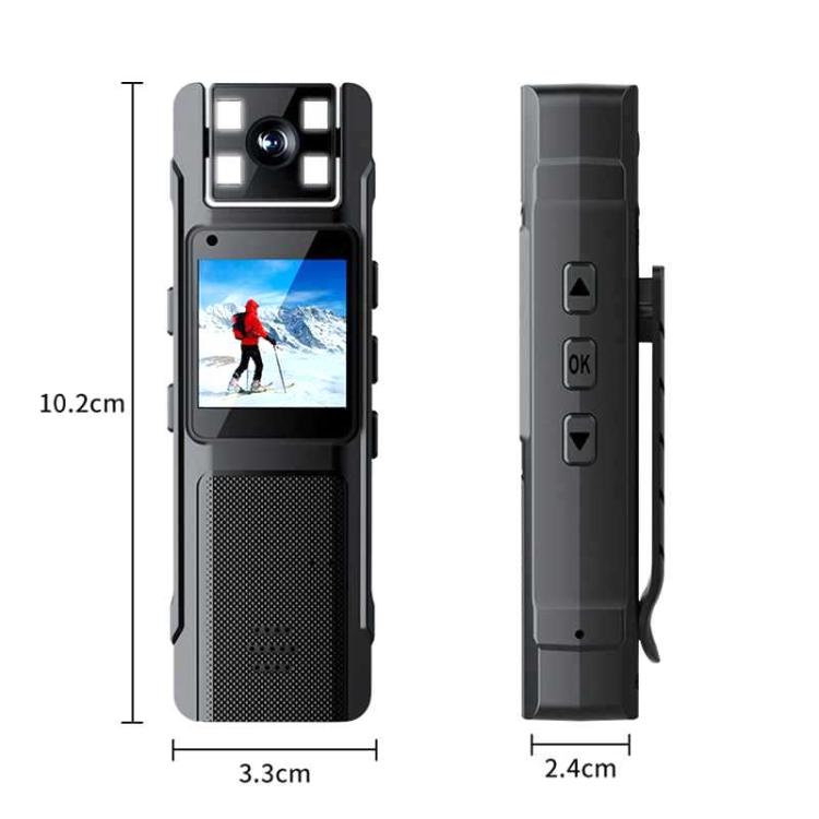 Body camera with labeled dimensions, showing front display and side button controls