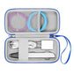 Blue hard-shell pen storage case opened, showing interior mesh pocket and compartments.