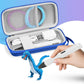 Blue hard-shell pen case opened with pen inside and elastic organizer strap visible.