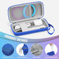 Blue hard-shell storage case with soft lining, strong zipper, and detachable strap.