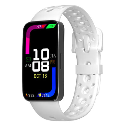 White silicone watch band with round holes and pin buckle, shown on a smartwatch.
